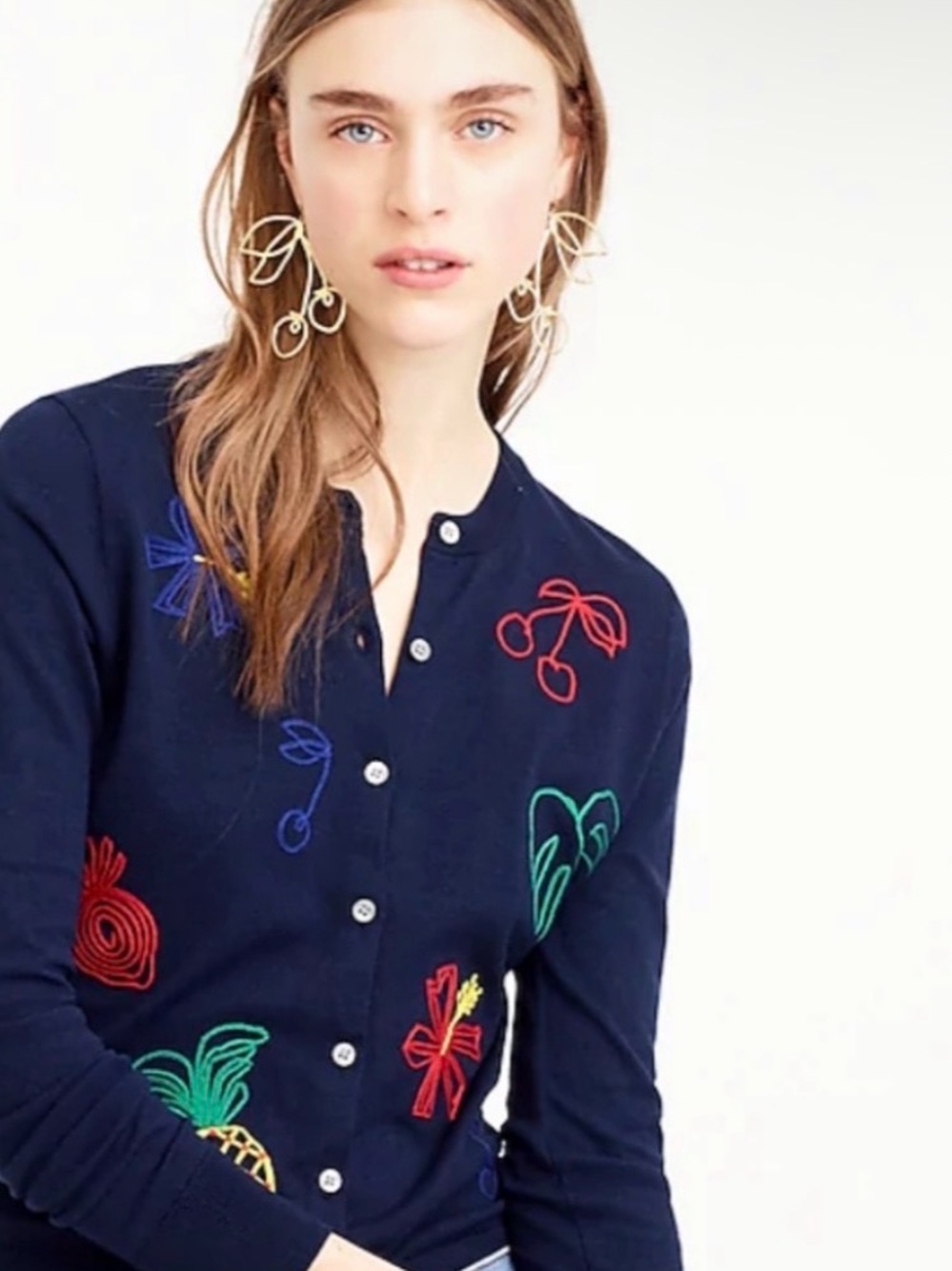 J.Crew Embroidered Multicolored Fruit Navy Blue Cardigan Size Small - Picture 7 of 7